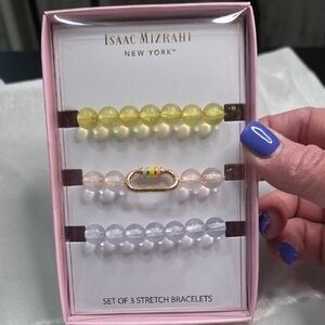 Women's Isaac Mizrahi Yellow Cream Stretch Bracelets Set of 3 New In Box Beaded